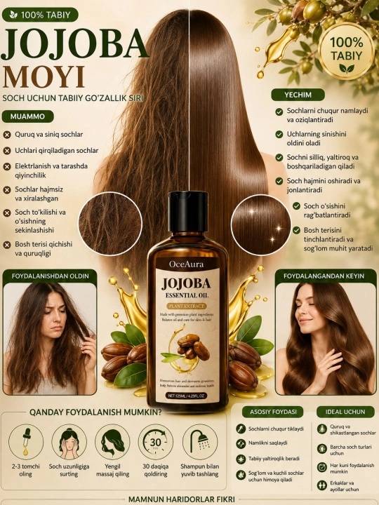Jojoba moyi - soch, yuz va teri parvarishi uchun tabiiy moy, ajinlarga qarshi