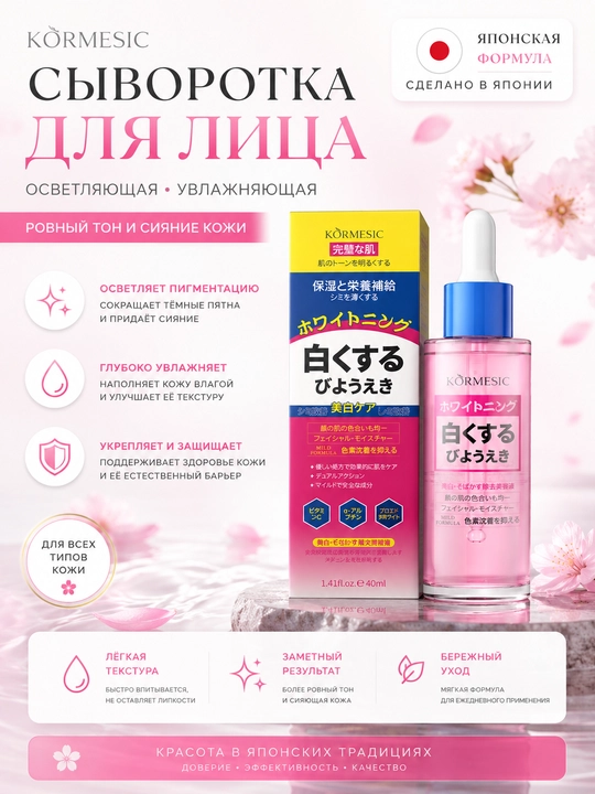 Японская осветляющая сыворотка для лица: сакура, ниацинамид, увлажнение, сияние - 