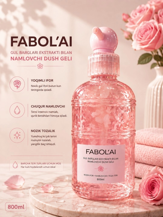 Gul hidli namlovchi dush geli 800 ml yumshoq ko‘pik va nozik tana parvarishi uchun
