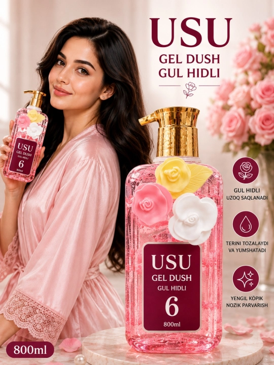 Gul hidli namlovchi dush geli 800 ml yumshoq ko‘pik va nozik tana parvarishi uchun