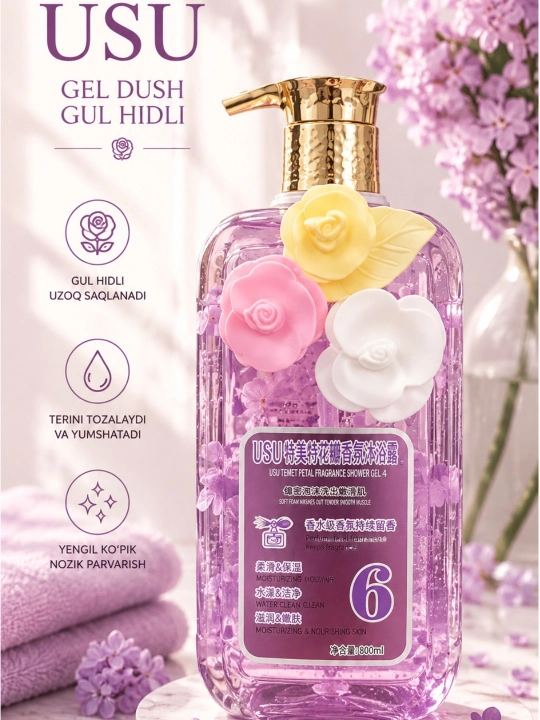 Gul hidli namlovchi dush geli 800 ml yumshoq ko‘pik va nozik tana parvarishi uchun