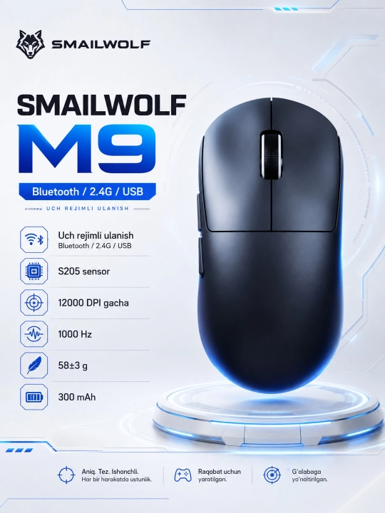SMAILWOLF M9 kompyuter uchun simsiz, yengil, optik o‘yin sichqonchasi - 