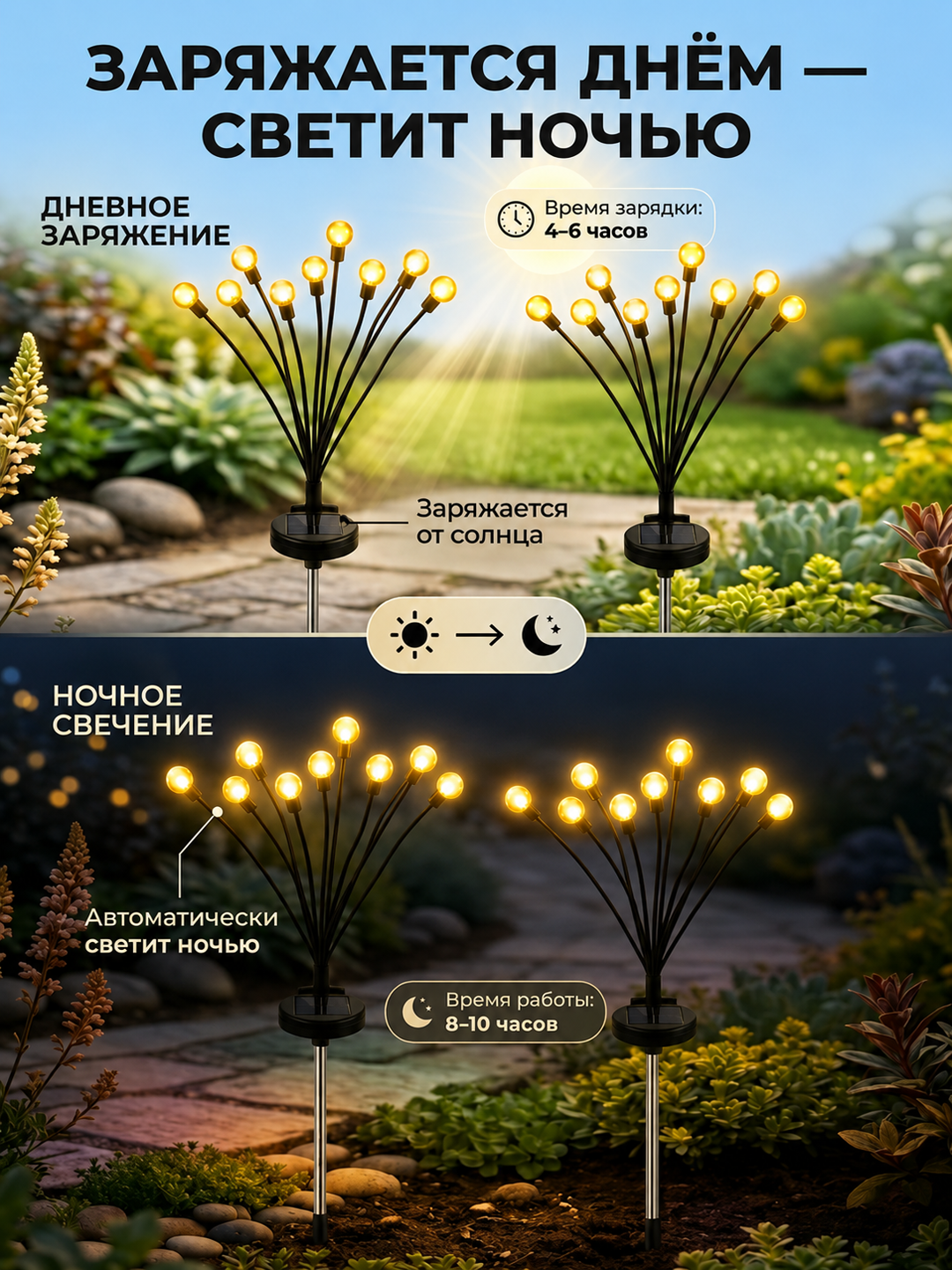 Quyosh batareyali bog‘ chirog‘i, 10 LED sharcha, egiluvchan novdali, 1 dona