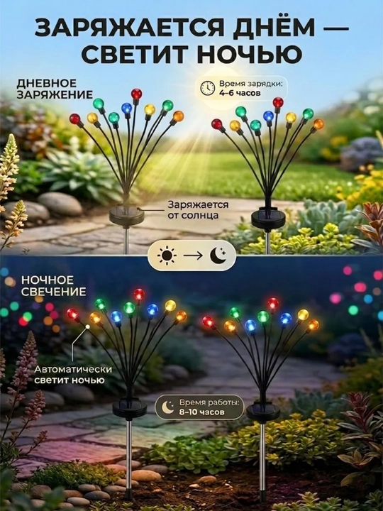 Quyosh batareyali bog‘ chirog‘i, 10 LED sharcha, egiluvchan novdali, 1 dona