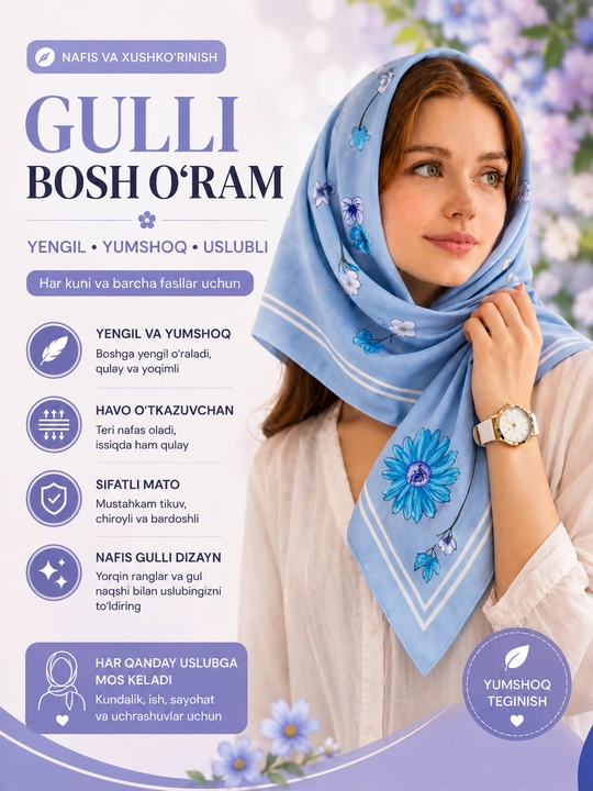 Gul naqshli ipak ro‘mol, ayollar ro‘molchasi, kvadrat, 90 x 90, bosh va bo‘yin uchun sharf - 