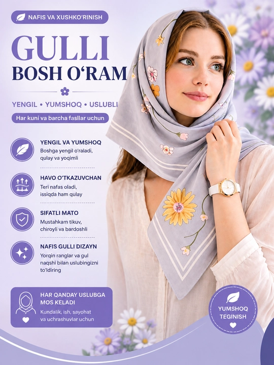 Gul naqshli ipak ro‘mol, ayollar ro‘molchasi, kvadrat, 90 x 90, bosh va bo‘yin uchun sharf - 