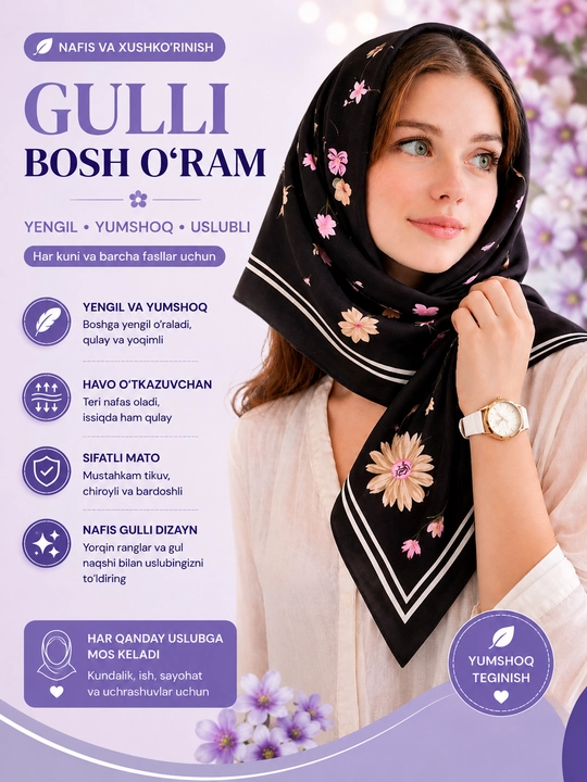 Gul naqshli ipak ro‘mol, ayollar ro‘molchasi, kvadrat, 90 x 90, bosh va bo‘yin uchun sharf - 