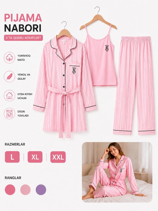 Ayollar uchun 3 qismli pijama to'plami – xalat, mayka va shim - 