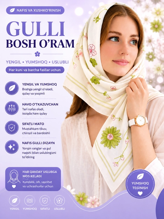 Gul naqshli ipak ro‘mol, ayollar ro‘molchasi, kvadrat, 90 x 90, bosh va bo‘yin uchun sharf - 