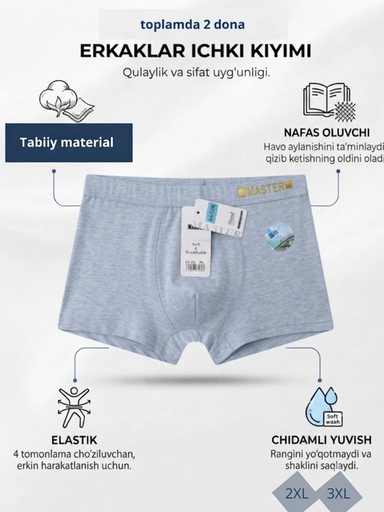 Erkaklar ichki kiyimi, sport uslubida, yumshoq trusik to’plami, havo o’tkazuvchi