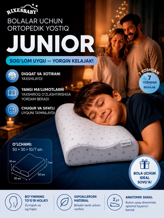 RIXESBABY Junior bolalar uchun ortopedik yostiq 50×30 sm anatomik Memory Foam - 