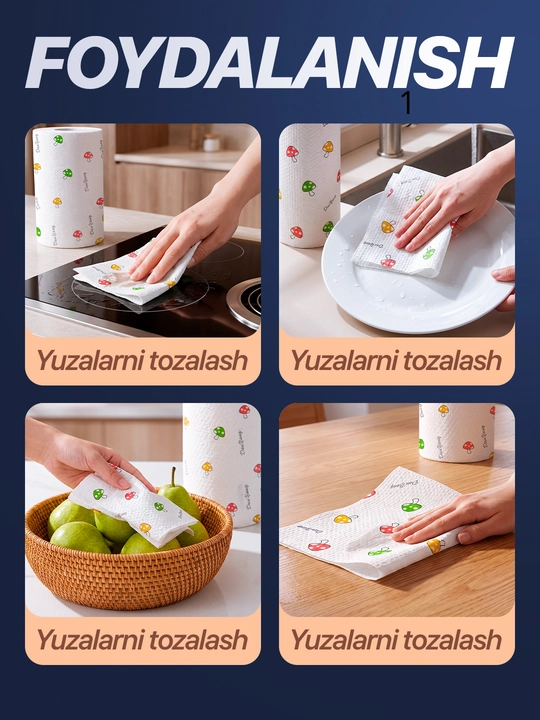 Ko'p marotaba ishlatiladigan oshxona salfetkalari rulonli, 125 dona