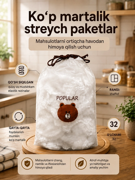 Ko'p martalik streych paketlar – Mahsulotlarni saqlash uchun oziq-ovqat qopqog'i 32 sm - 