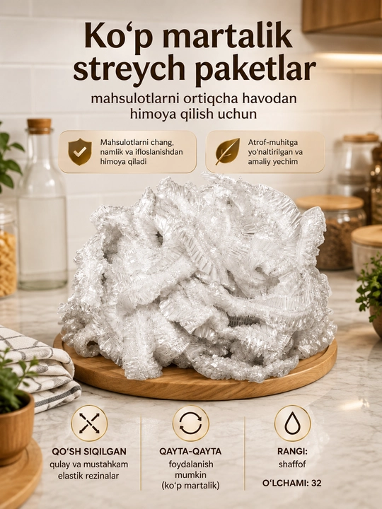 Ko'p martalik streych paketlar – Mahsulotlarni saqlash uchun oziq-ovqat qopqog'i 32 sm