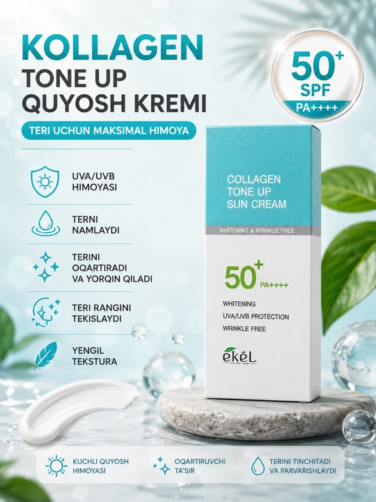EKEL SPF 50+ PA++++ quyoshdan himoya kremi, Oqartiruvchi va Collagen Tone Up, 70 ml - 