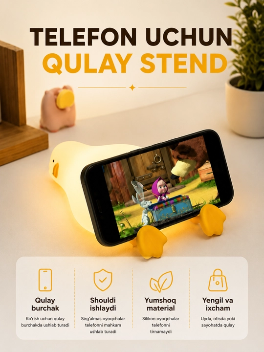 O'rdak tungi chirog'i USB Type-C, sensorli, yumshoq silikon, LED