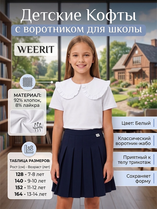 Школьная кофта для девочек WEERIT с воротником, белая - 
