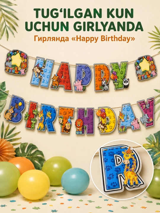 Бумажная гирлянда «Happy Birthday» для дня рождения - 