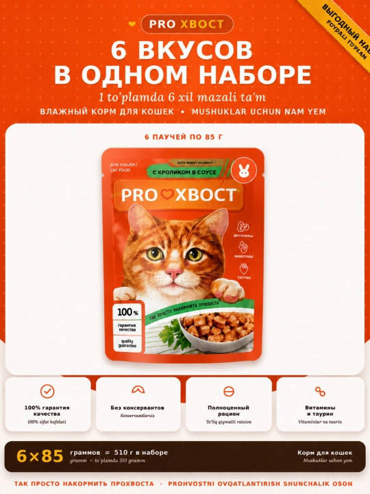 Корм ProХвост для кошек, 6 разных соусов в одном наборе, 6 штук по 85 г