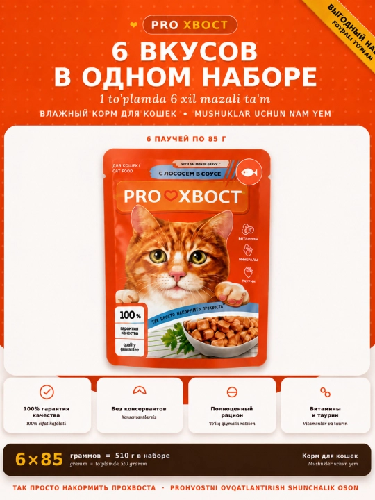 Корм ProХвост для кошек, 6 разных соусов в одном наборе, 6 штук по 85 г