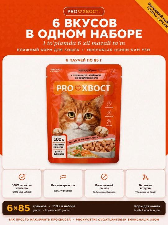 Корм ProХвост для кошек, 6 разных соусов в одном наборе, 6 штук по 85 г