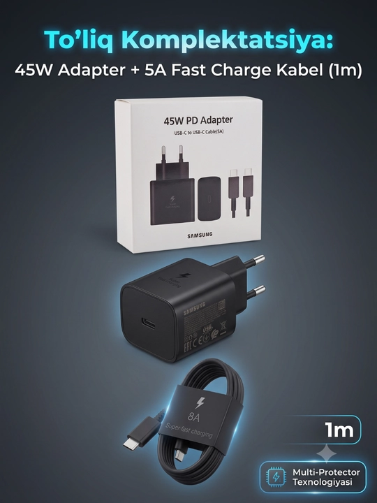 Samsung 45W tez zaryadlash adapteri, Type-C kabel bilan, Super Fast Charging, PD/PPS