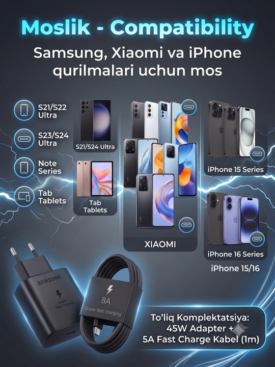 Samsung 45W tez zaryadlash adapteri, Type-C kabel bilan, Super Fast Charging, PD/PPS