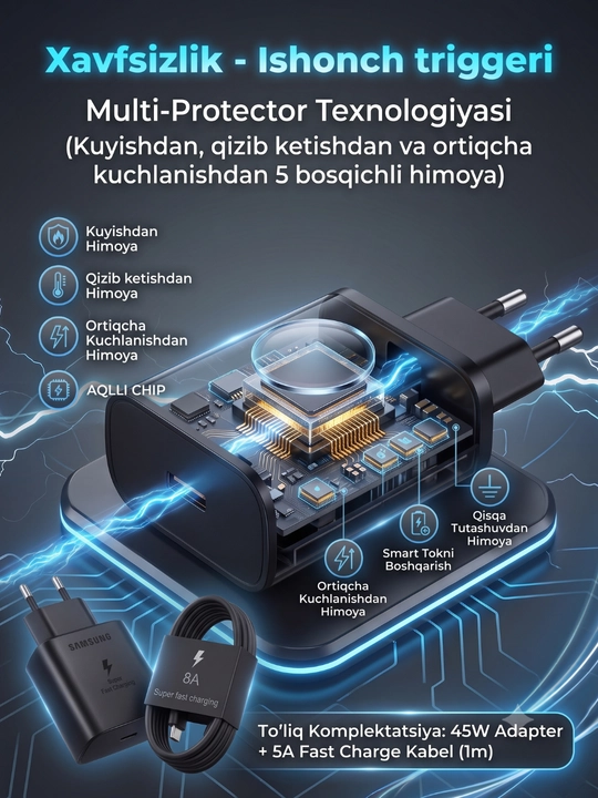 Samsung 45W tez zaryadlash adapteri, Type-C kabel bilan, Super Fast Charging, PD/PPS