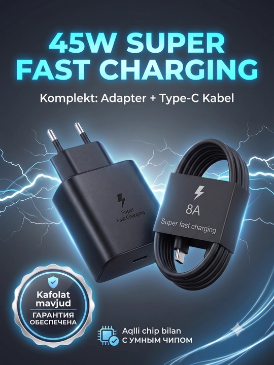Samsung 45W tez zaryadlash adapteri, Type-C kabel bilan, Super Fast Charging, PD/PPS - 