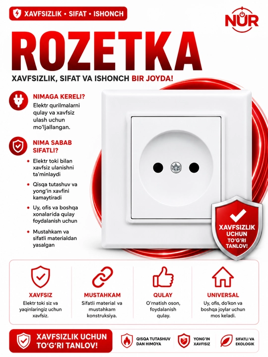 Devor uchun elektr rozetka, 220–250V, oq rang, zamonaviy dizayn - 