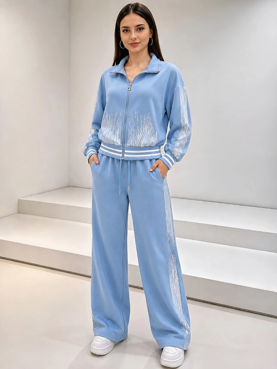 Sport kostyumi toshli, keng shim, casual 2 qismli kostyum - 