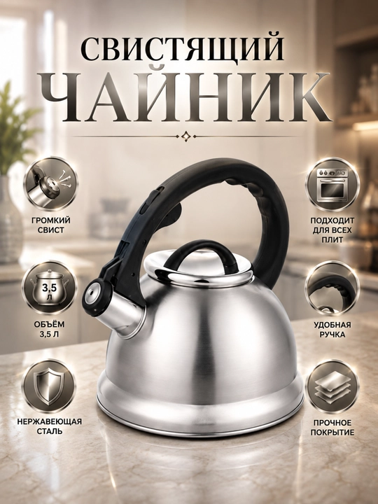 Чайник Zepter ZP-1251 (3,5 л) из нержавеющей стали со свистком, для индукционных плит - 