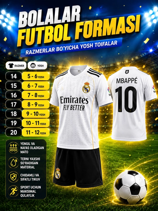 Bolalar uchun Real Madrid futbol formasi, uy va safar uchrashuvlari uchun - 