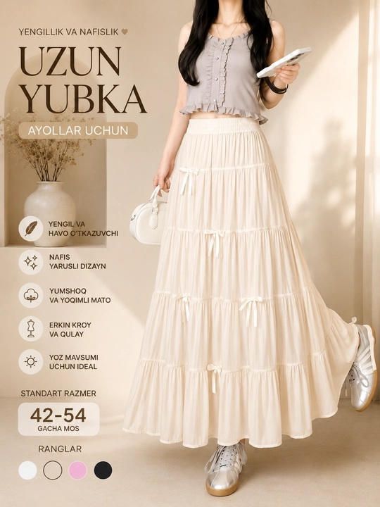Ayollar yubkasi, uzun yubka, yozgi yubka, oq yubka, yarusli yubka - 