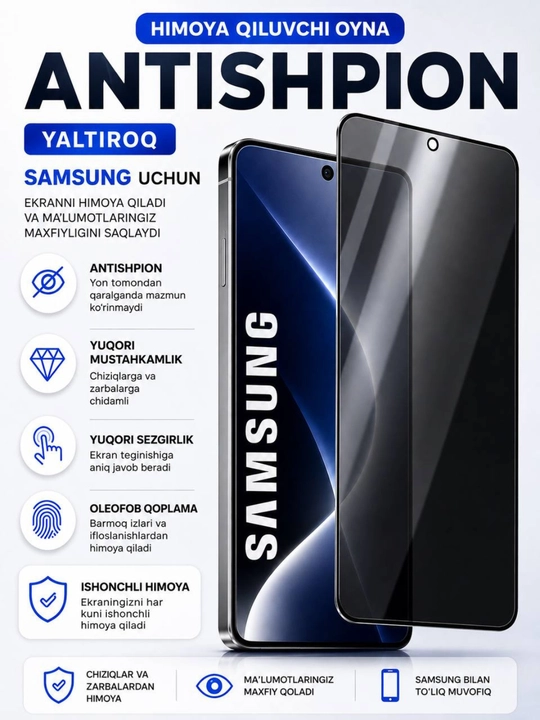Samsung uchun Antishpion (Privacy) yaltiroq himoya oynasi A17, A07, A27, A16, A23, A53, - 