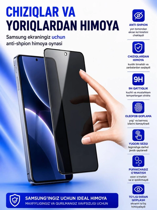 Samsung uchun Antishpion (Privacy) yaltiroq himoya oynasi A17, A07, A27, A16, A23, A53,