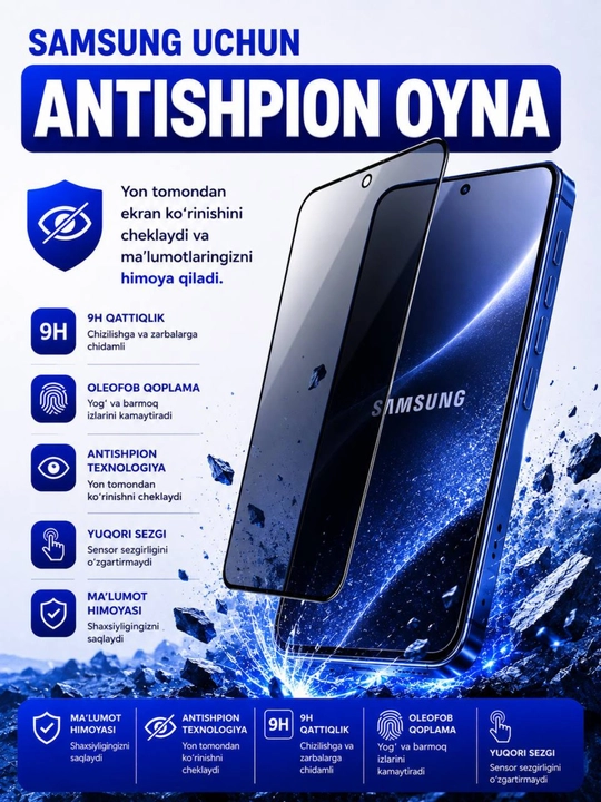 Samsung uchun Antishpion (Privacy) yaltiroq himoya oynasi A17, A07, A27, A16, A23, A53,