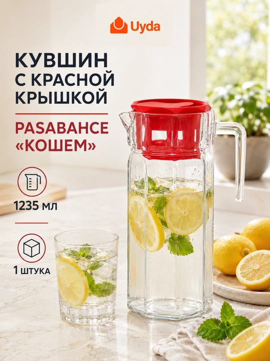 Кувшин стеклянный Pasabahce Kosem 1235 мл с красной крышкой - 