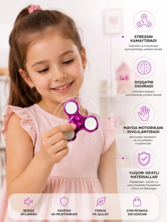 Fidget Spinner anti-stress o'yinchog'i, 3 qanotli, bolalar va kattalar uchun