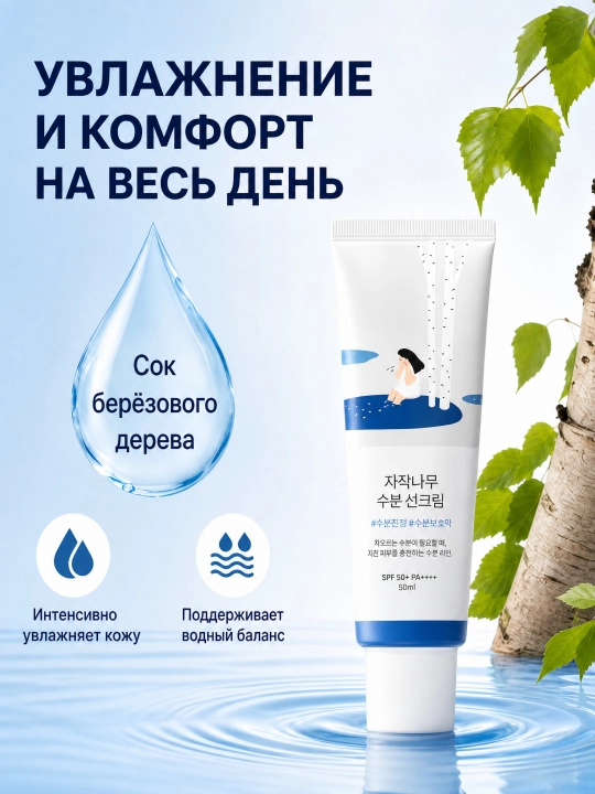 Round Lab Birch quyosh kremi SPF 50+ 50 ml, oq iz qoldirmaydigan
