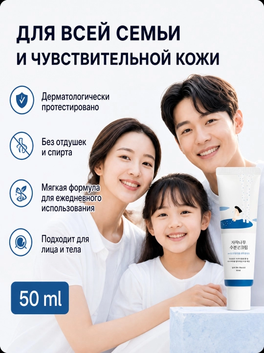 Round Lab Birch quyosh kremi SPF 50+ 50 ml, oq iz qoldirmaydigan