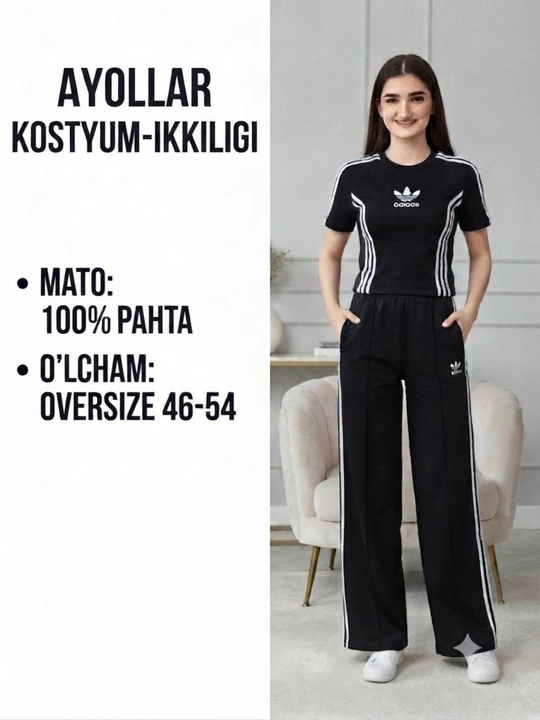 Ayollar uchun paxtadan tikilgan sport kostyumi, futbolka va shim, 46-54