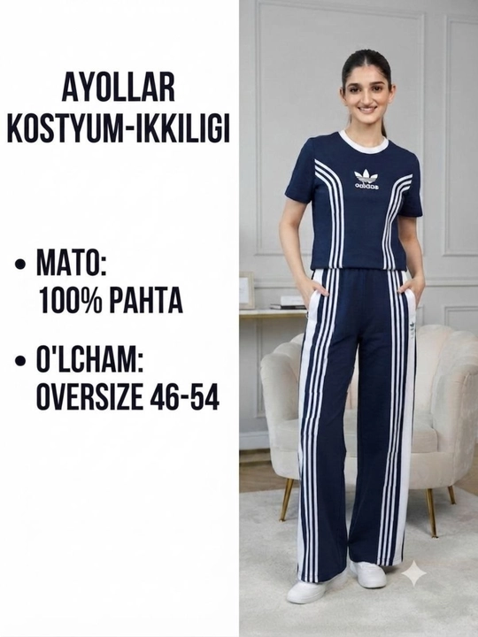Ayollar uchun paxtadan tikilgan sport kostyumi, futbolka va shim, 46-54