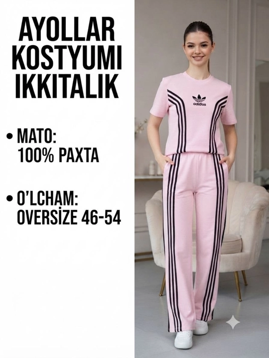 Ayollar uchun paxtadan tikilgan sport kostyumi, futbolka va shim, 46-54