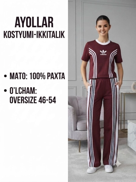 Ayollar uchun paxtadan tikilgan sport kostyumi, futbolka va shim, 46-54