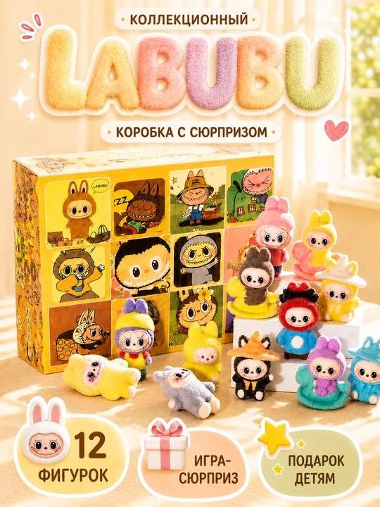 Адвент календарь Лабубу, 12 плюшевых фигурок, игрушки-сюрпризы, подарок детям 3+ - 