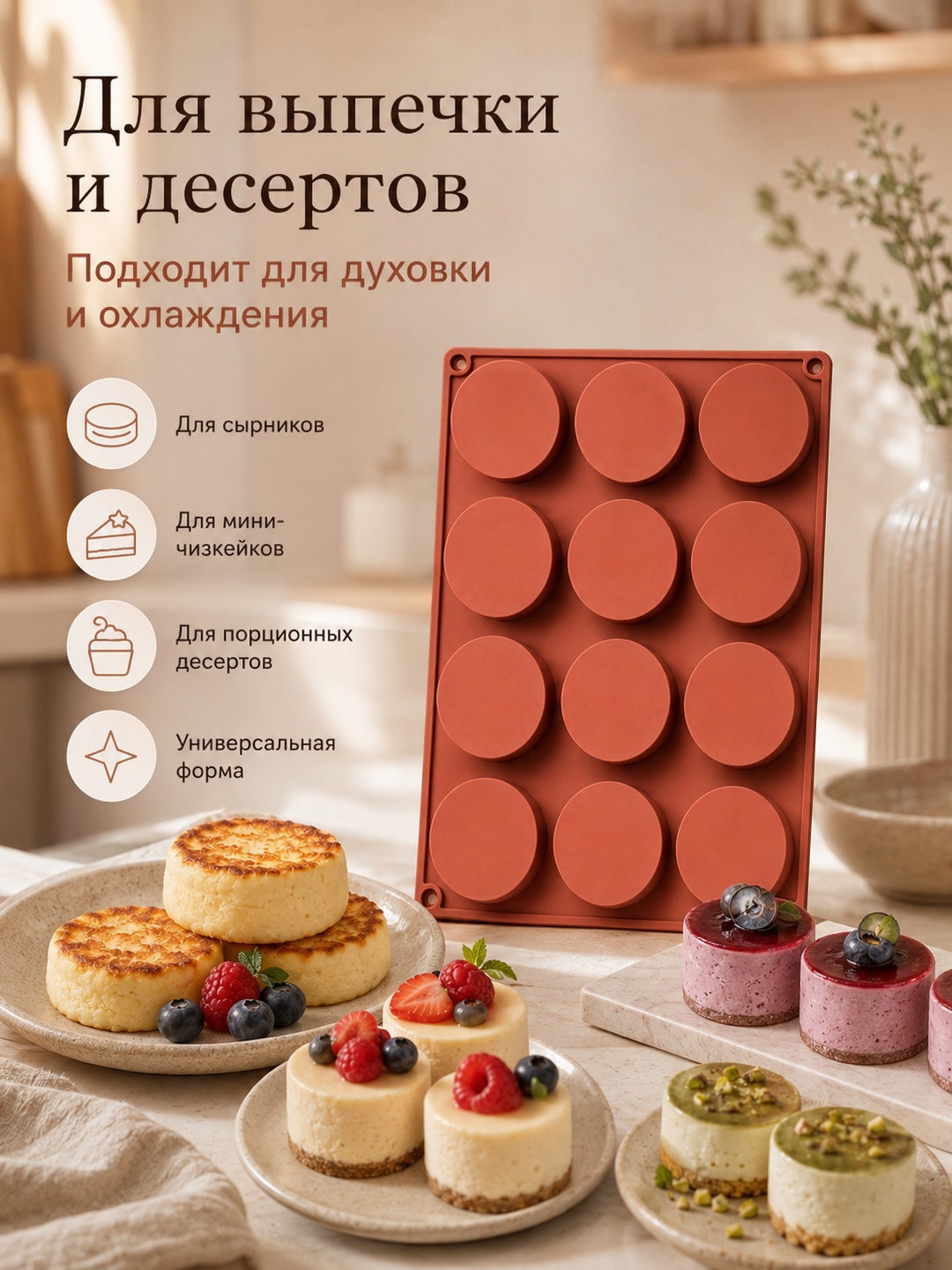 Силиконовая форма для выпечки и сырников, 12 круглых ячеек - 