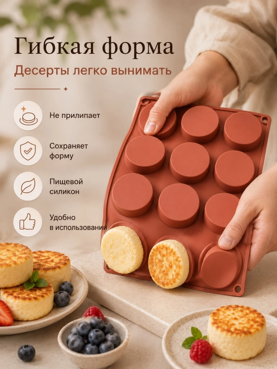 Силиконовая форма для выпечки и сырников, 12 круглых ячеек