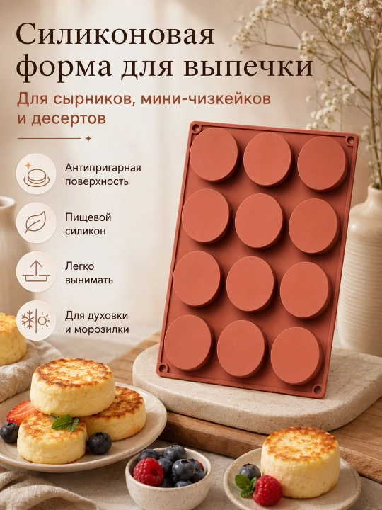 Силиконовая форма для выпечки и сырников, 12 круглых ячеек