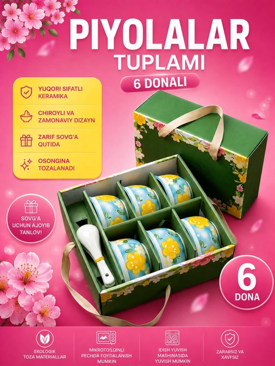 Oshxona idishlari sovg‘a to‘plami: chinni piyolalar va sopol qoshiqlar - 